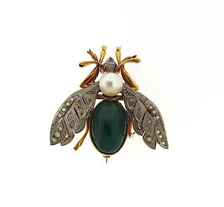 Antique 18K Gold Chrysoprase Pearl Insect Brooch Pin