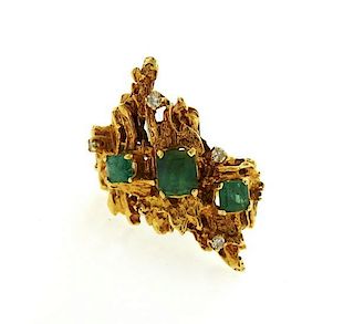 1970s 18K Gold Emerald Diamond Free Form Ring