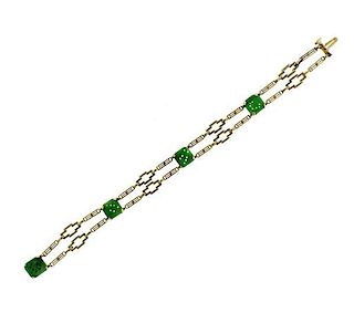 Art Deco 1920s 14K Gold Carved Jade Link Bracelet