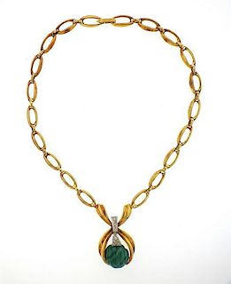 1970s 18K Gold Carved Malachite Diamond Necklace
