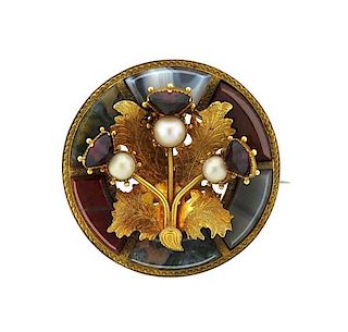 18k Gold Pearl Scottish Agate Hardstone Pendant Brooch