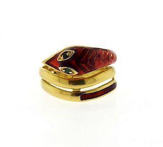 18K Gold Red Enamel Emerald Snake Ring