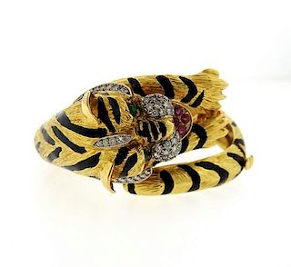 Impressive 18k Gold Diamond Ruby Emerald Tiger Bracelet