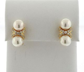 Mikimoto 18K Gold Diamond Pearl Earrings