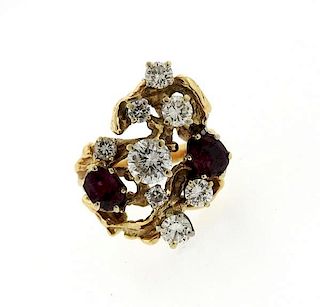 1970s 14K Gold Diamond Red Stone Free Form Ring