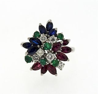 Platinum Diamond Ruby Sapphire Emerald Cluster Ring