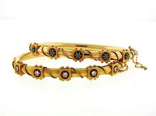 Antique 14K Gold Diamond Turquoise Bangle Bracelet Lot of 2