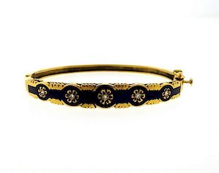 Antique 14K Gold Diamond Enamel Bangle Bracelet