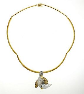 18K Gold Diamond Pearl Duck Brooch Pendant Necklace