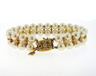Mikimoto 18k Gold Pearl Diamond Two Row Bracelet