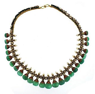 Indian 22K Gold Emerald Diamond Pearl Enamel Necklace.