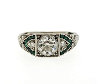 Art Deco Platinum Emerald Diamond Engagement Ring