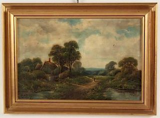 E. COLE JR,  LATE 19TH C. ENGLISH OIL ON CANVAS LANDSCAPE PAINTING