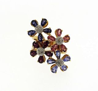 14k Gold Diamond Multi Color Gemstone Flower Ring