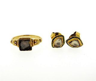 Antique 22K Gold Diamond Enamel Earrings Ring Lot