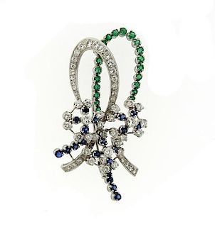 1950s 18K Gold Diamond Sapphire Emerald Flower Brooch Pin