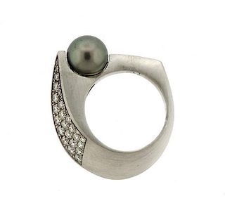 Modernist Platinum Diamond Tahitian Pearl Ring