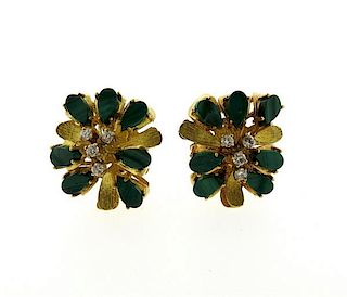 1970s 18k Gold Malachite Diamond Earrings