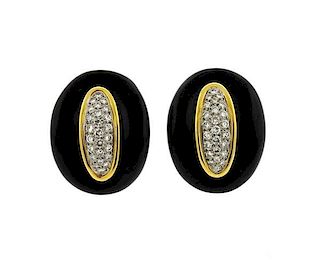Large 18k Gold Diamond Onyx Earrings