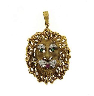 Large 18k Gold Diamond Emerald Ruby Lion Pendant Brooch