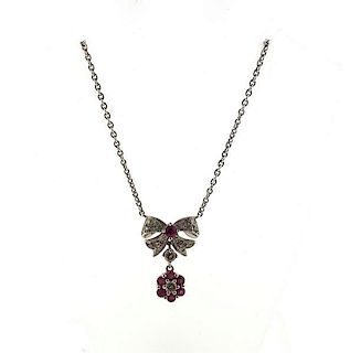 18k Gold Diamond Ruby Bow Drop Pendant Necklace
