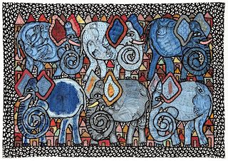 Chief Zacheus Olowonubi Oloruntoba (Nigeria, 1934-2014) "Mystical Elephants in Village for Wealth and Protection" 1978