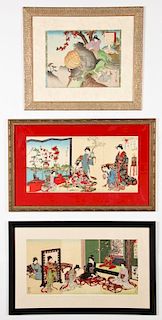 3 Framed Japanese Woodblock Prints by Chikanobu