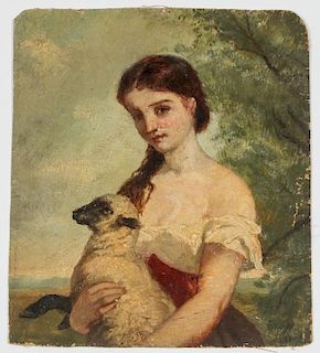 American School (19th c.) Portrait of a Young Girl with Lamb