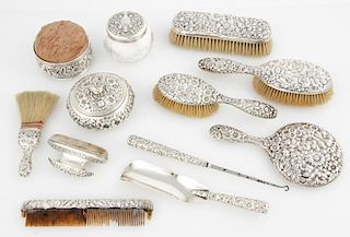 12 pc Sterling Silver Repousse Vanity Suite