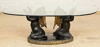 Bronze Putti Figural Glass Top Coffee Table