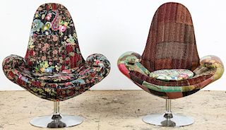 Pair Kantha Quilt Upholstered MCM Style Chairs