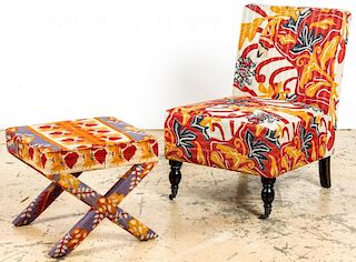 Kantha Quilt Upholstered Slipper Chair and Stool