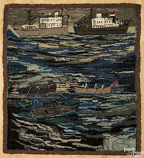 American hooked rug with a whaling scene, early/mid 20th c., 59'' x 57''.