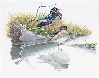 * Richard Sloan, (American, 1935-2007), Ducks on a Log in Pond