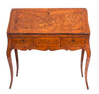 A Louis XV Style Marquetry Writing Desk Height 37 1/2 x width 38 1/4 x depth 21 inches.