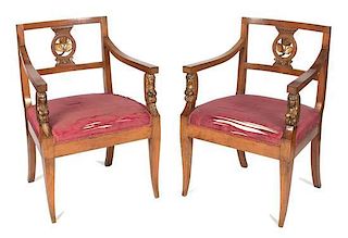 * A Pair of Empire Style Parcel Gilt Fauteuils Height 34 1/2 inches.