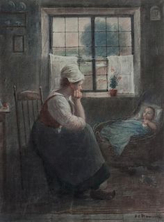 Bernard Johannes Blommers, (Dutch, 1845-1914), Mother with Infant Near Window
