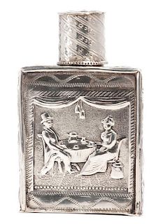 * A German Silver Allegorical Bottle with Lid, , of rectangular form with chased figural decoration, inscribed on bottom.