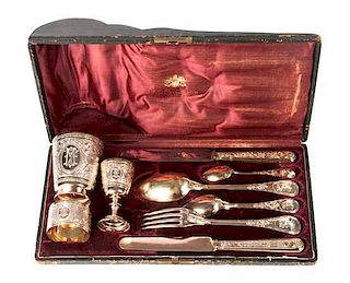 * An Austrian Silver Travel Place Setting, J.C. Klinkosch, Vienna, comprising a drinking cup, eggcup, napkin ring, set of flatwa