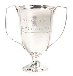 * An American Silver Two-Handled Trophy Cup, Tiffany & Co., New York, NY, engraved Camp Carry-on 1923 Irene Etta Powell.