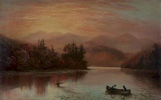 American School, (Early 20th century), Autumn Lake Landscape with Fishing Boat