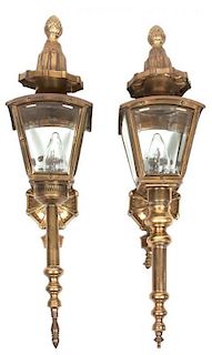 * A Pair of Brass Carriage Lanterns Height 26 1/2 inches.