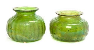 * A Near Pair of Iridescent Glass Vases Diameter of larger 9 1/2 inches.
