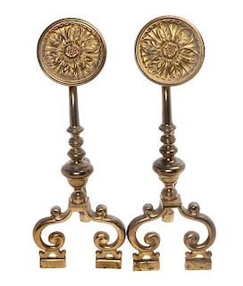 * A Pair of Arts and Crafts Brass Andirons Height 18 1/4 inches.