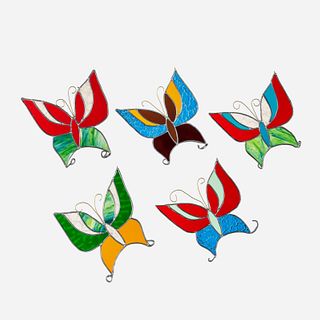 (Attributed) Charles Loloma, Set of Five Stained Glass Butterflies