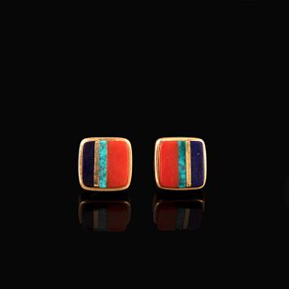 Charles Loloma + Verma Nequatewa [Sonwai], Pair of Gold and Stone Inlay Post Earrings
