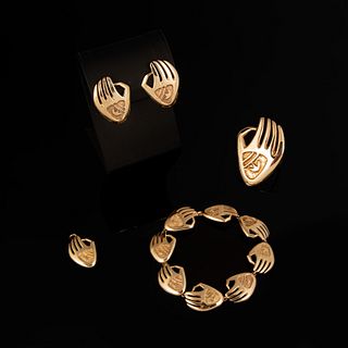 Charles Loloma + Pierre Touraine, Group of Gold Badger Paw Jewelry: Pendant + Earrings + Bracelet + Ring