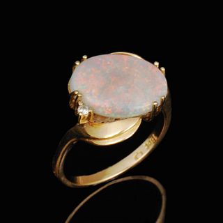 Gold, Prong Set Australian Fire Opal With Diamond Accent