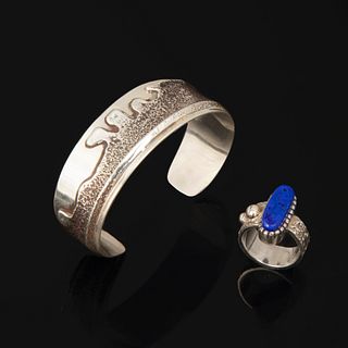 Charles Loloma, Silver Cuff with Tufa Overlay + Lapis Ring with Tufa Band