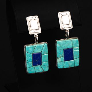 Charles Loloma, A Pair of Silver, Turquoise + Lapis Earrings